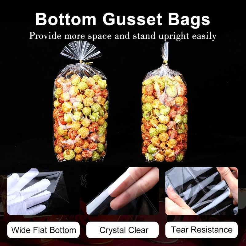 ZIMCEMS 100Pcs 6X9 inch Bottom Gusset Bags Clear Cellophane Gift Bags Plastic Gift Wrap Cello Bags for Party Favor Treats, Goodie,Bakery Cookie, Candy with 5" Twist Ties - Image 3